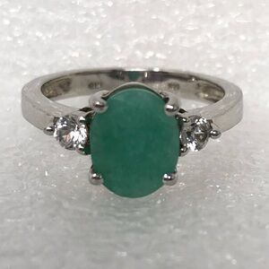 Oval Brazilian Emerald Ring Size 7 Two Round White Topaz Sterling Silver